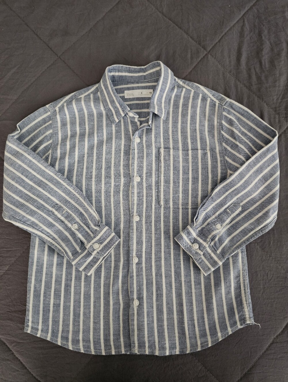 Zara Kids,  Linen Blend Blue and White Striped Button-Down Shirt, Size 6 Boys